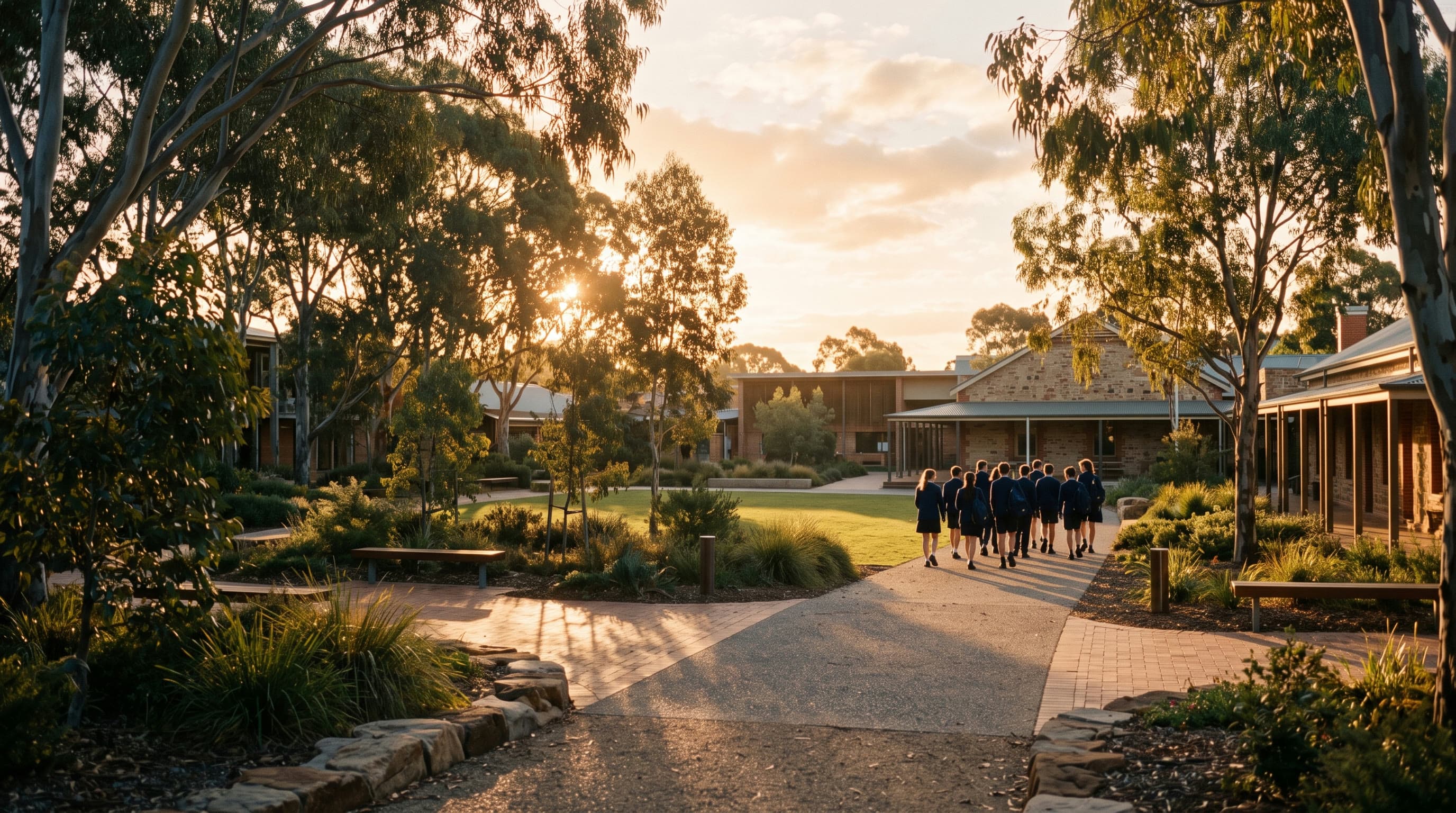 An Australian school campus courtyard at golden hour