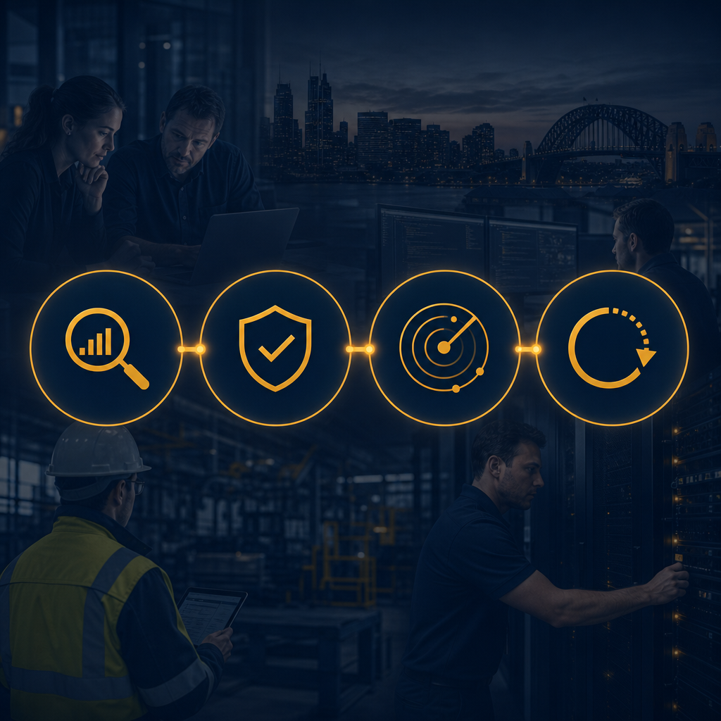 Four-stage cyber security process flow: assess, protect, detect, recover