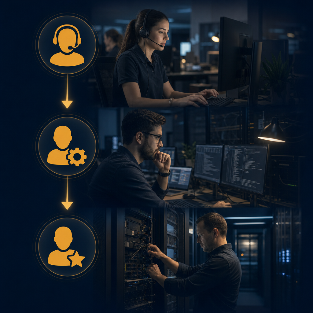 Diagram of IT support escalation tiers from help desk to specialist support