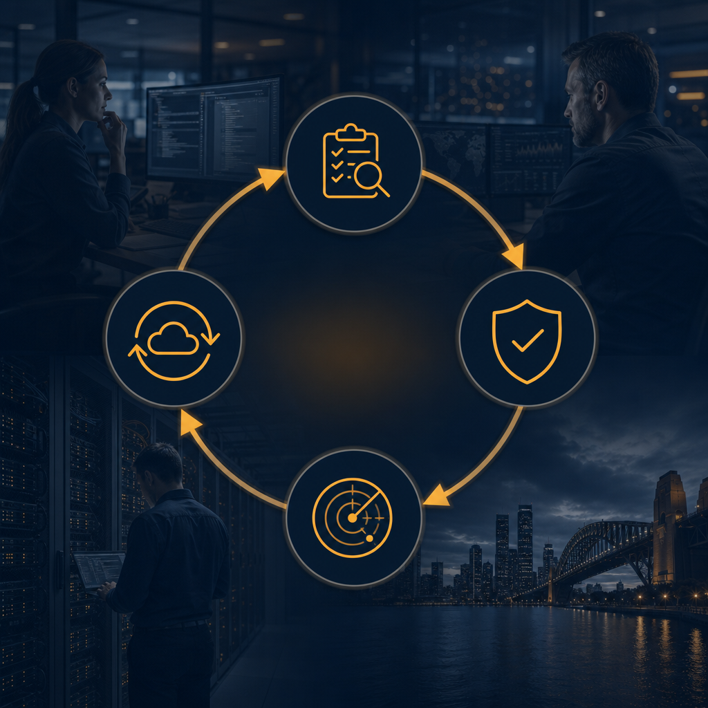 Circular diagram of the four cyber security stages: Assess, Protect, Detect, Recover
