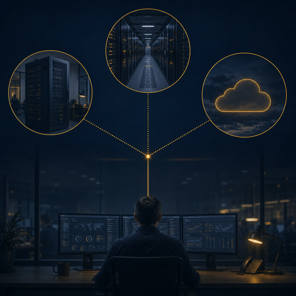 Diagram of on-premises, colocated and cloud infrastructure connected under one managed system