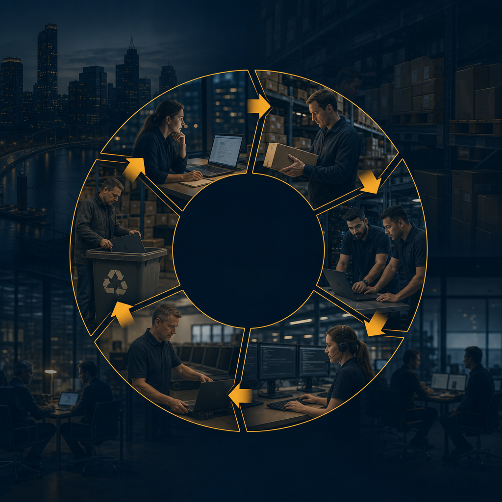 Circular diagram of the device lifecycle: plan, procure, deploy, support, refresh, retire